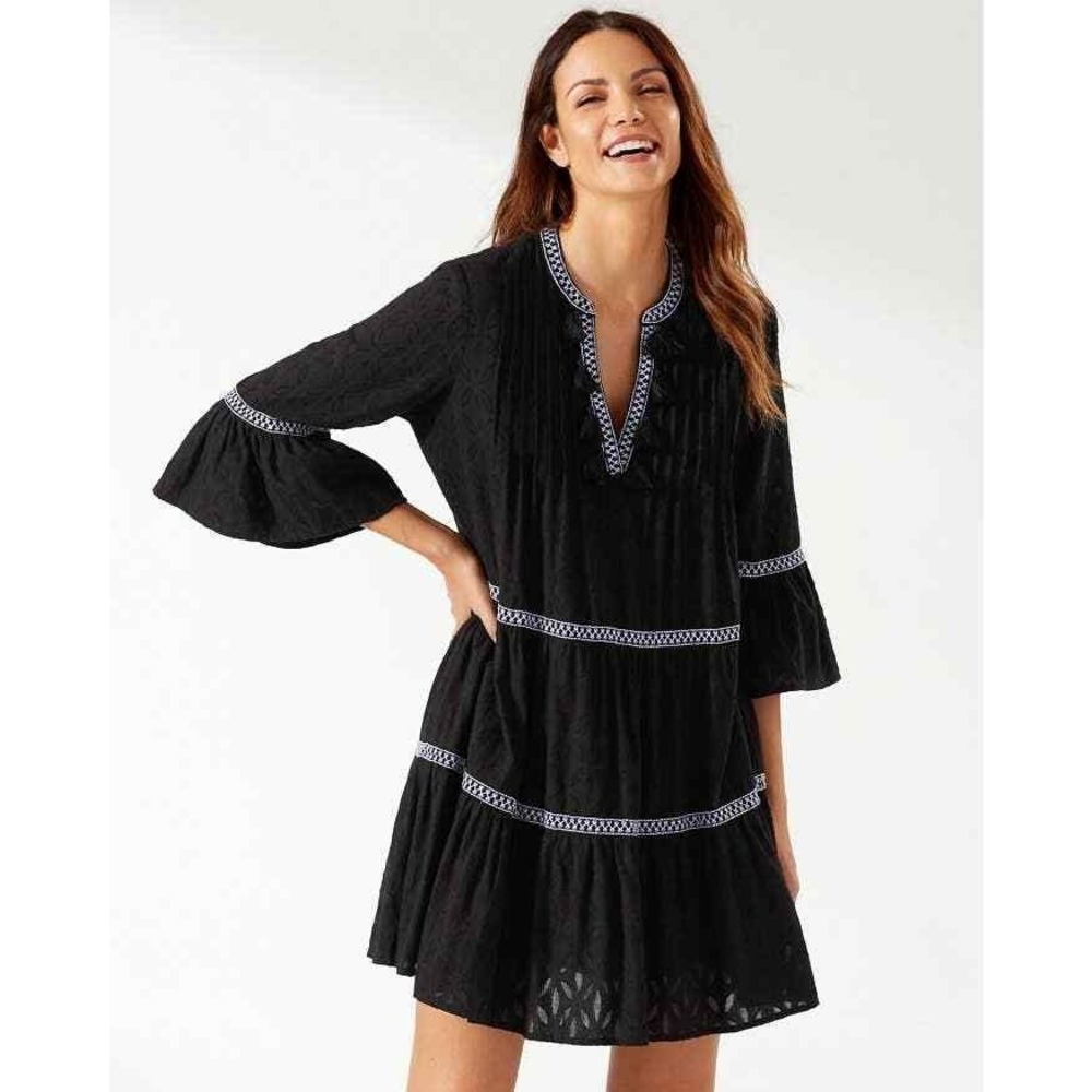 TOMMY BAHAMA Textured Tiered Short Dress Womens XS Black Cotton Clip Embroidered - Picture 2 of 16